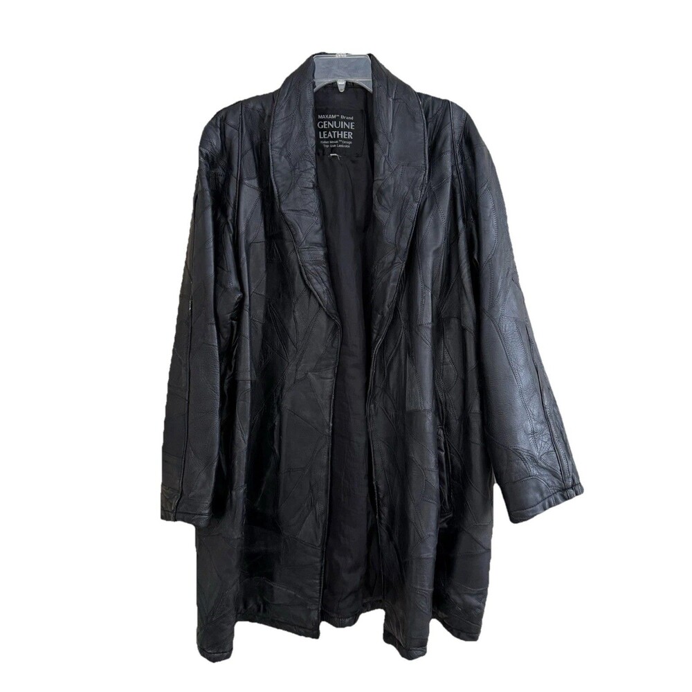 Maxam Italian Leather Patchwork Coat Womens XL Black Mosaic Wrap Trench Jacket